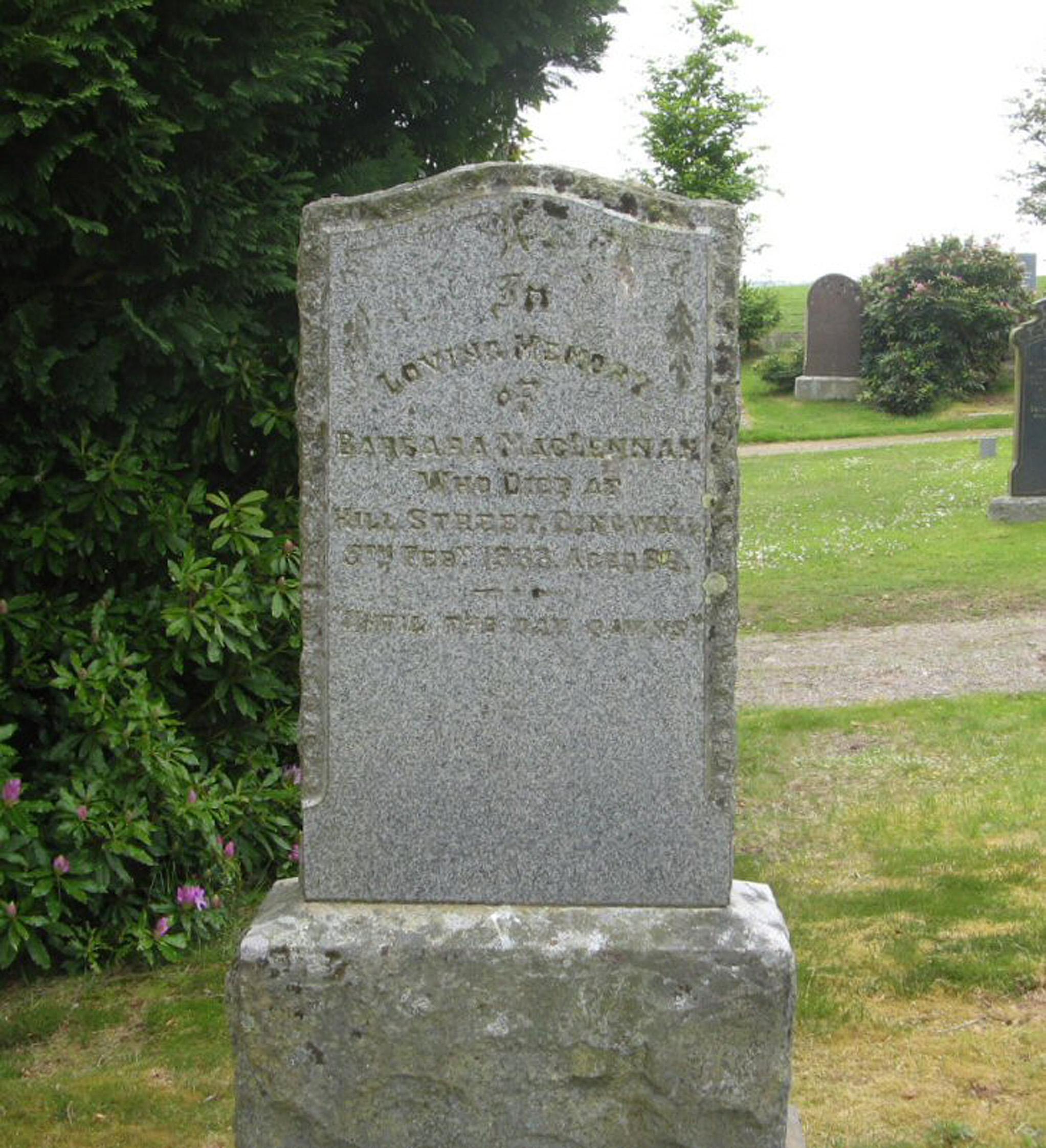 Photo of headstones/Barbara MacLennan died 1933 MI Dingwall Mitchell Hill